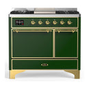 ILVE Majestic III 40-inch Dual Fuel Range with 5 Liquid Propane Burner, Griddle and Solid Door Electric Oven in Emerald Green with Brass Trim (UMD40FQNR3EGGLP)
