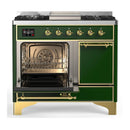 ILVE Majestic III 40-inch Dual Fuel Range with 5 Liquid Propane Burner, Griddle and Solid Door Electric Oven in Emerald Green with Brass Trim (UMD40FQNR3EGGLP)