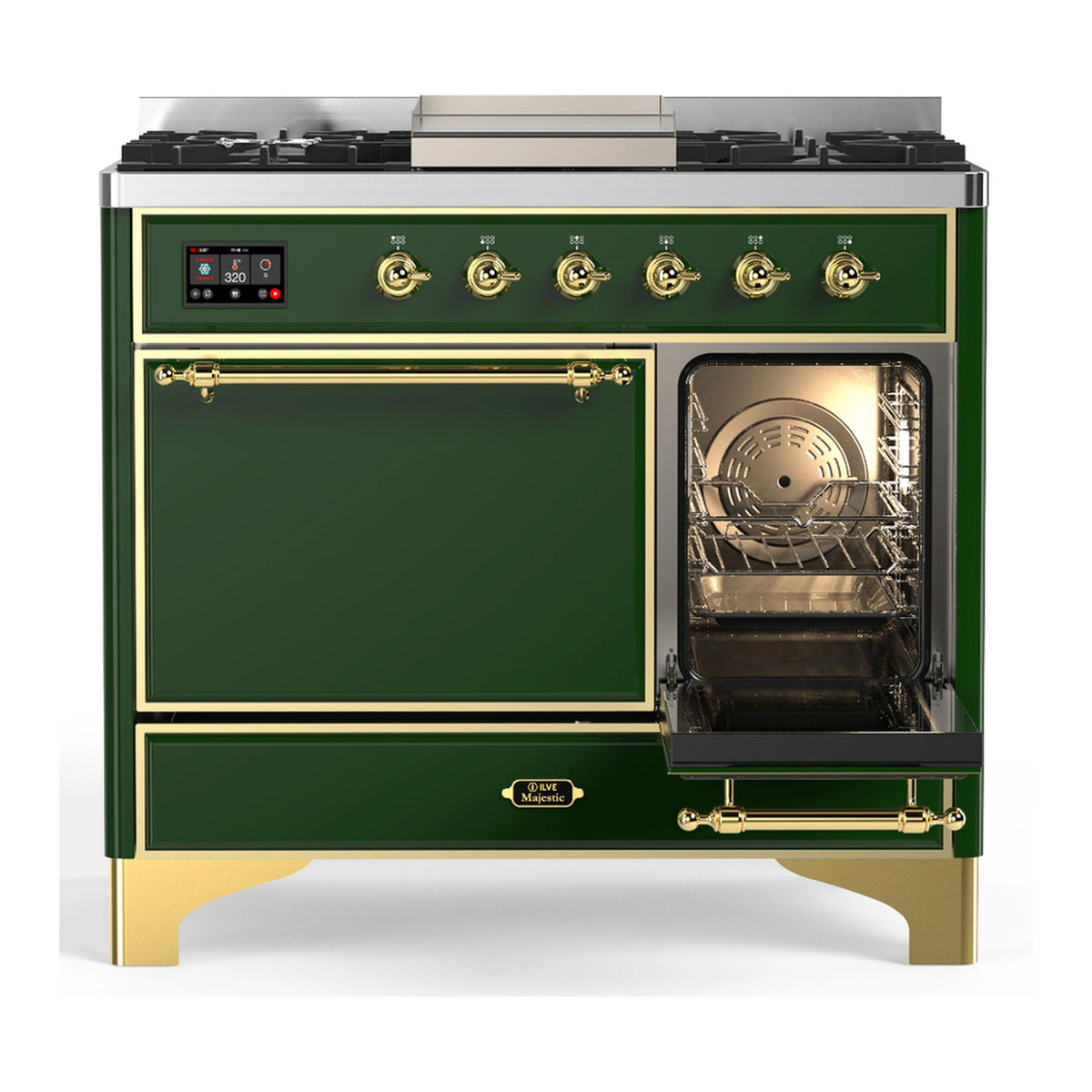 Emerald green dual fuel range with open right oven door and gas burner controls