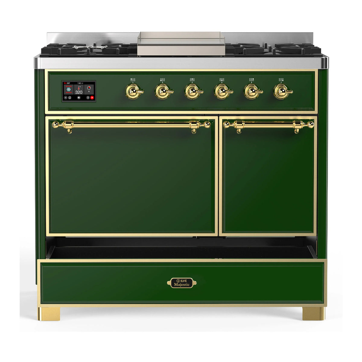 Emerald green dual fuel range with brass-trim doors and a lower storage drawer