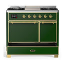 ILVE Majestic III 40-inch Dual Fuel Range with 5 Liquid Propane Burner, Griddle and Solid Door Electric Oven in Emerald Green with Brass Trim (UMD40FQNR3EGGLP)