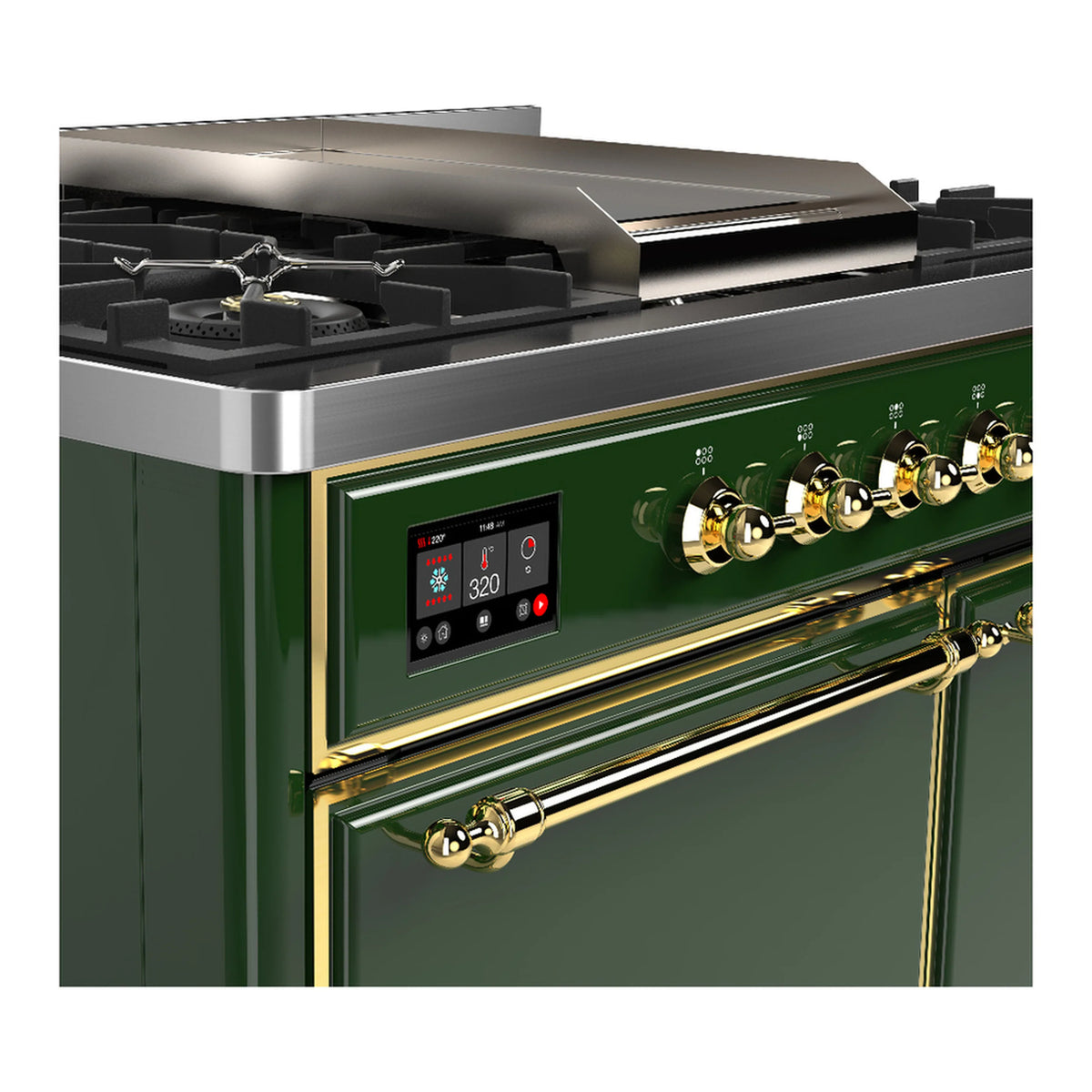 Emerald green range control panel with digital display and brass oven handle
