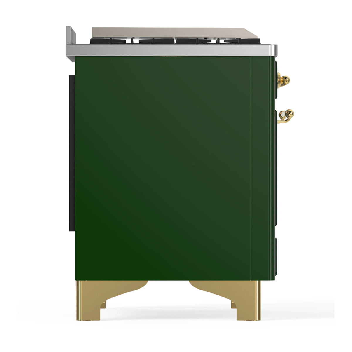 Emerald green side panel of dual fuel range with brass base and rear fittings