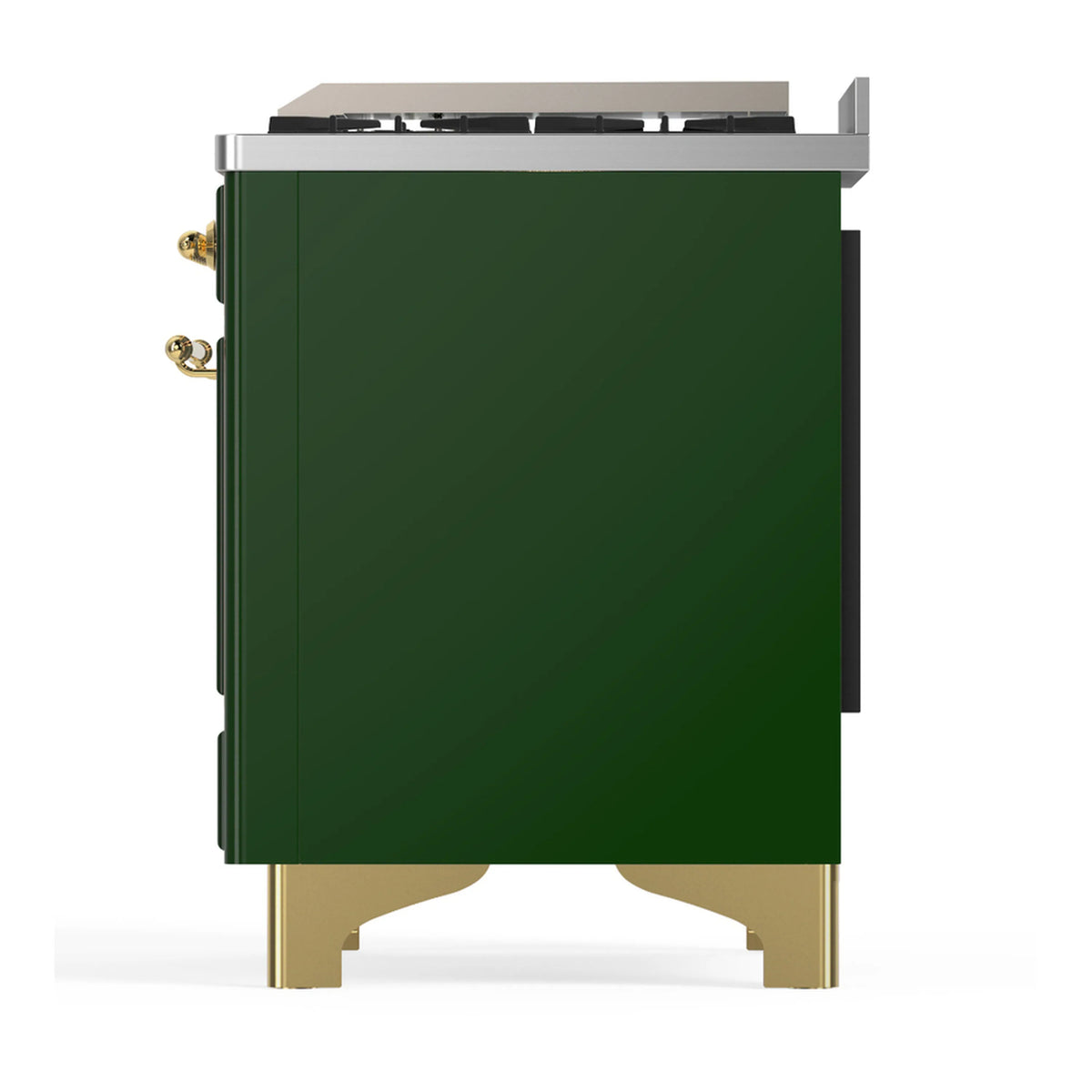 Emerald green dual fuel range back/side view with brass legs and rear connection ports