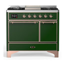 ILVE Majestic III 40-inch Dual Fuel Range with 6 Natural Gas Burner, Griddle and Solid Door Electric Oven in Emerald Green with Copper Trim (UMD40FQNR3EGP)