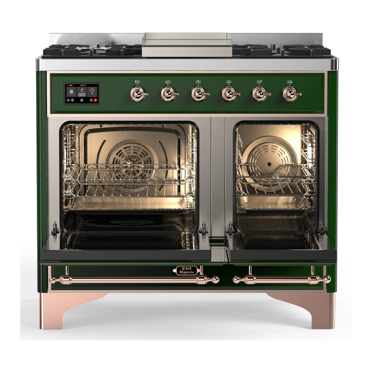 Emerald green dual fuel range with open solid door electric oven and copper trim