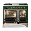 ILVE Majestic III 40-inch Dual Fuel Range with 6 Natural Gas Burner, Griddle and Solid Door Electric Oven in Emerald Green with Copper Trim (UMD40FQNR3EGP)