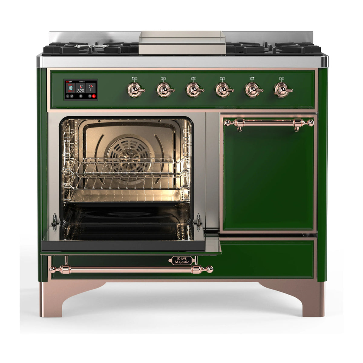 Emerald green dual fuel range showing open oven window, racks, and copper-trim doors