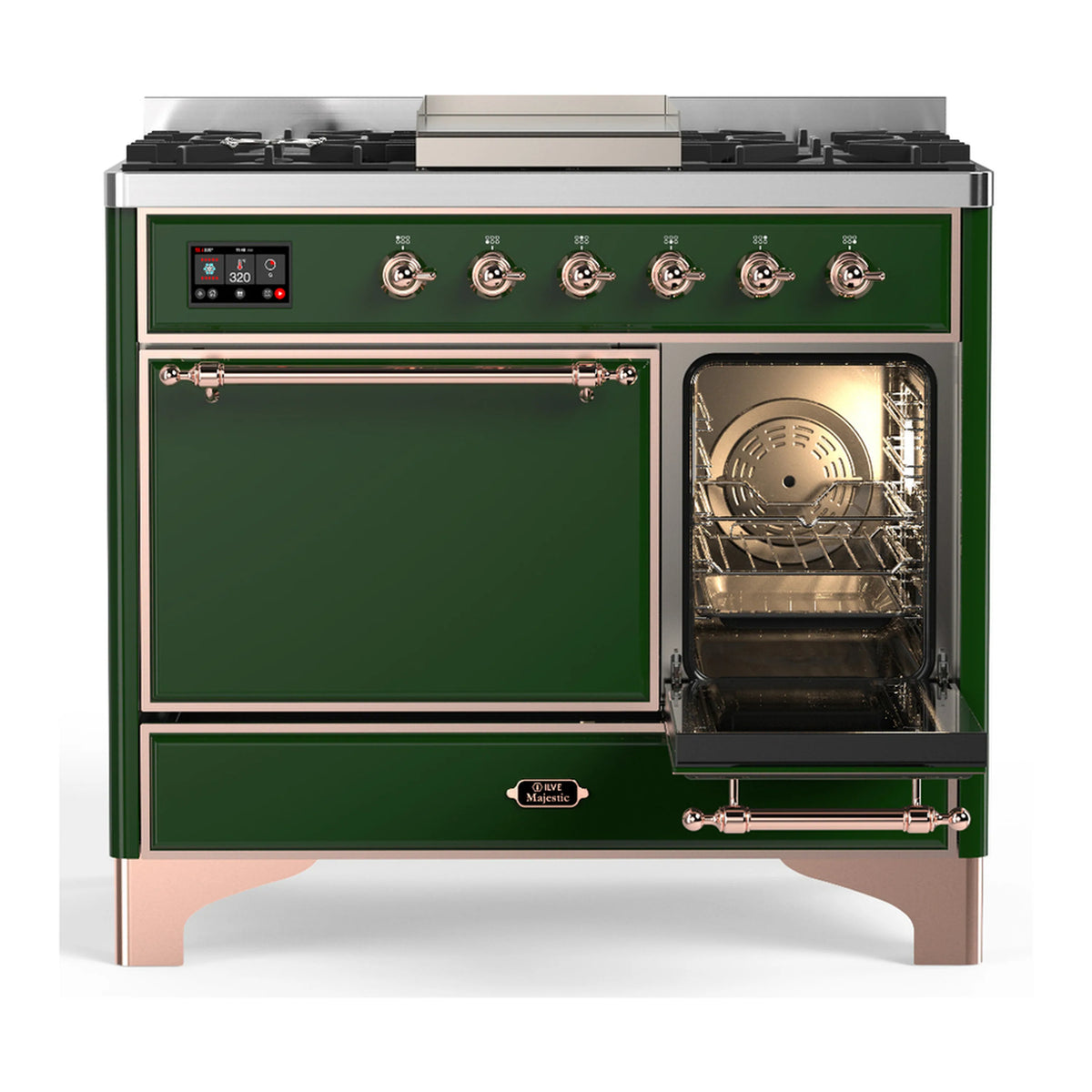 Emerald green dual fuel range with open left griddle door and right oven window