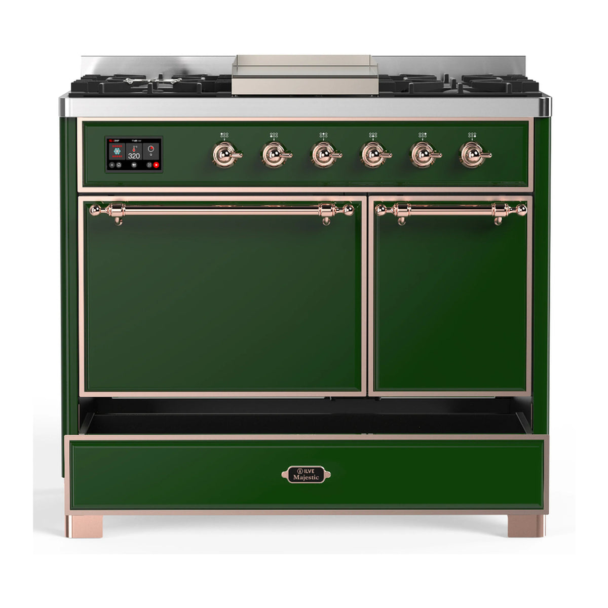 Emerald green dual fuel range with two front doors, control panel, and copper trim
