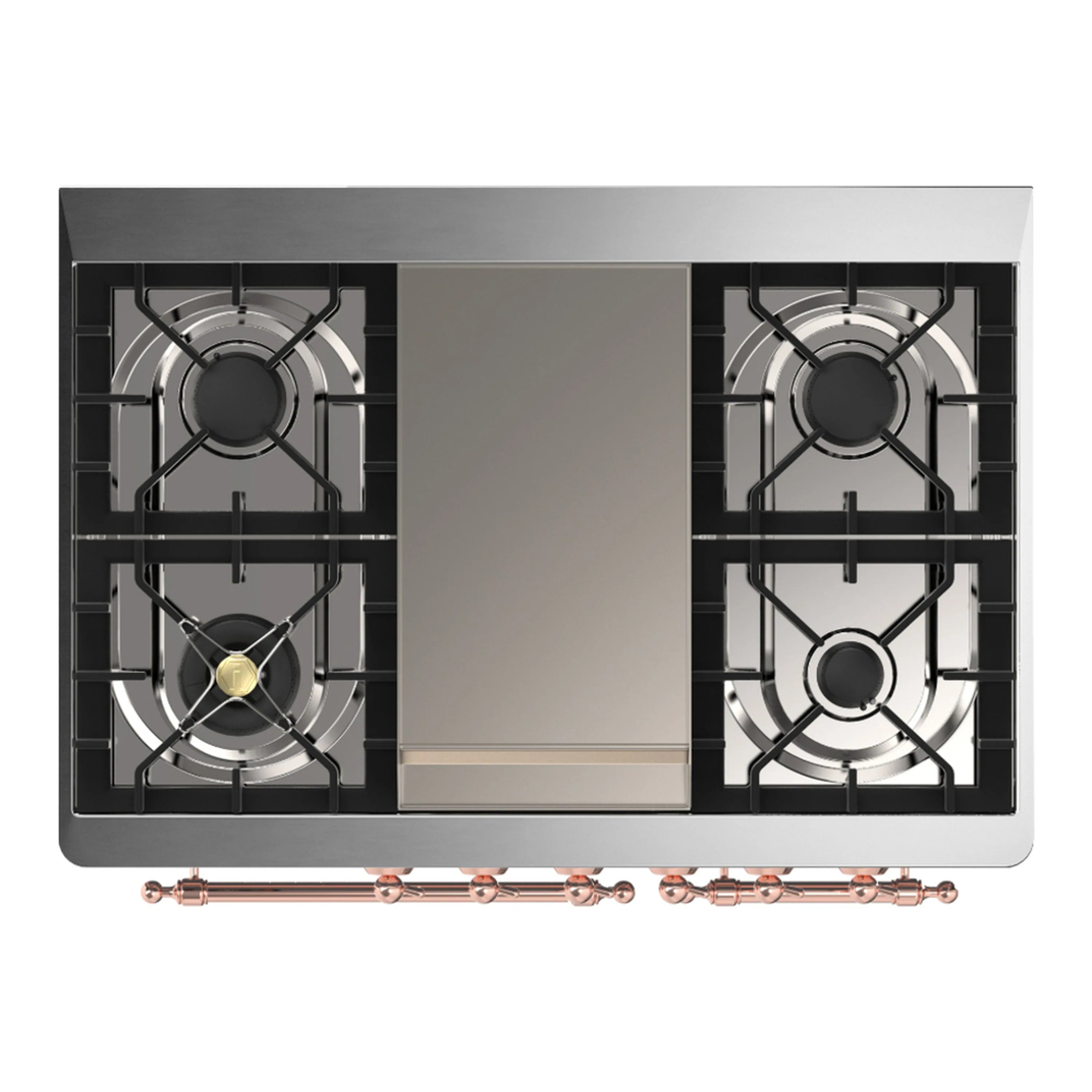 Dual fuel range top view with four burner grates and copper-trim front accents