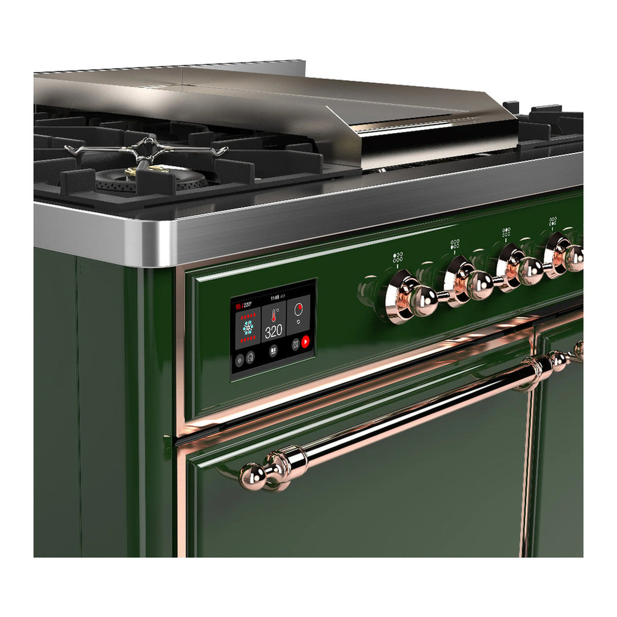 Emerald green dual fuel range close-up of copper-trim control panel and knobs