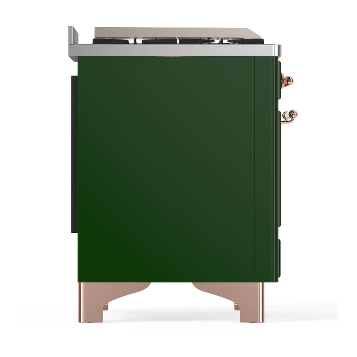Emerald green side cabinet of a dual fuel range with copper trim accents