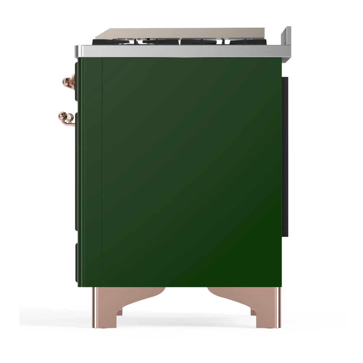 Emerald green dual fuel range side panel with copper trim and matching legs