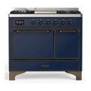 ILVE Majestic III 40-inch Dual Fuel Range with 6 Natural Gas Burner, Griddle and Solid Door Electric Oven in Midnight Blue with Burnished Trim (UMD40FQNR3MBB)