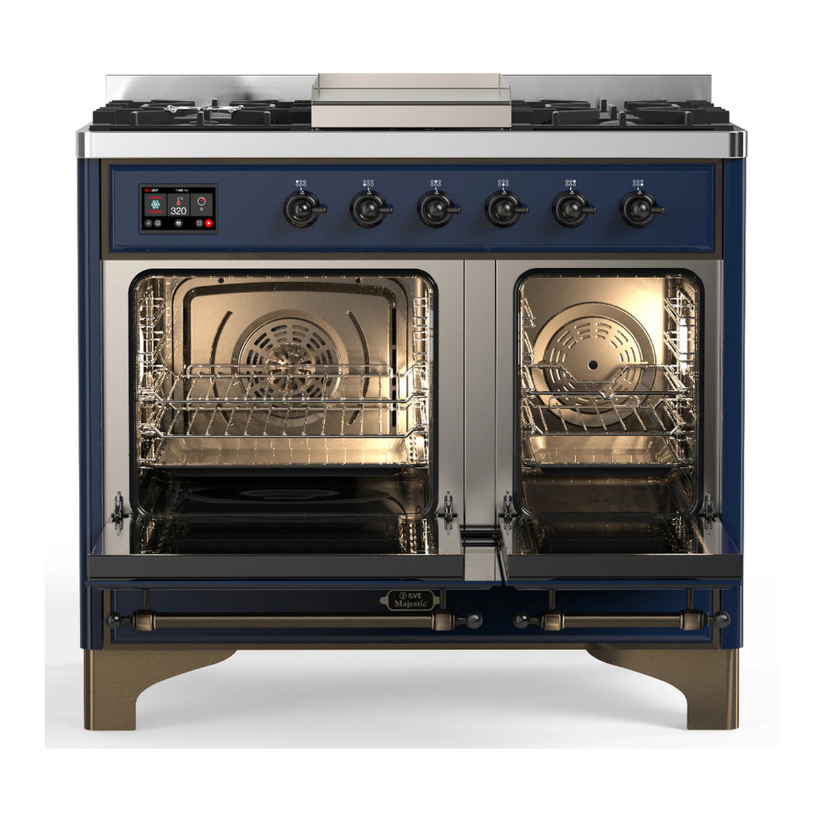 Midnight blue dual fuel range with both oven doors open, racks inside, six burners and griddle