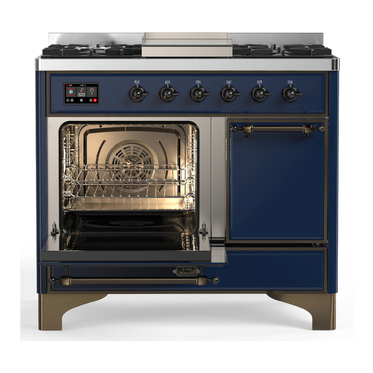 Midnight blue dual fuel range with open oven door, six burners and griddle, front control panel