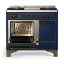 ILVE Majestic III 40-inch Dual Fuel Range with 6 Natural Gas Burner, Griddle and Solid Door Electric Oven in Midnight Blue with Burnished Trim (UMD40FQNR3MBB)