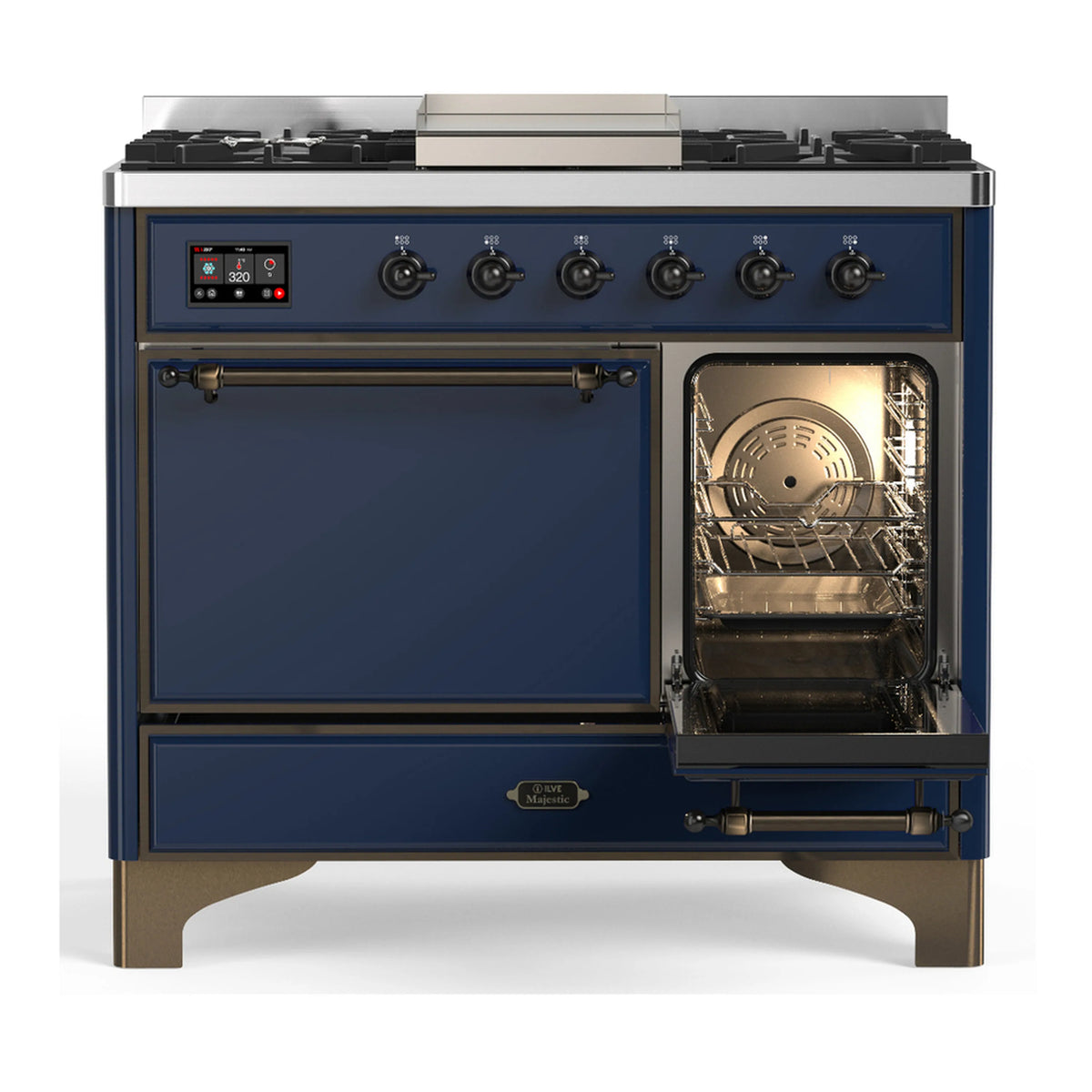 Midnight blue dual fuel range with right oven door open and lighted interior, six burners and griddle