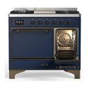 ILVE Majestic III 40-inch Dual Fuel Range with 6 Natural Gas Burner, Griddle and Solid Door Electric Oven in Midnight Blue with Burnished Trim (UMD40FQNR3MBB)