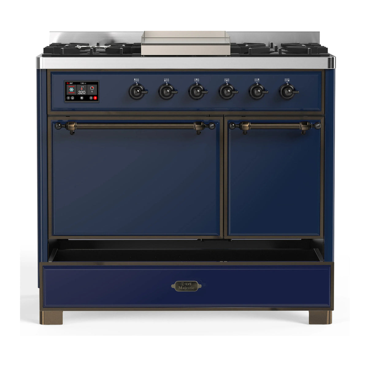 Midnight blue dual fuel range with two closed oven doors and storage drawer, six burners and griddle