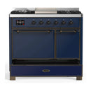 ILVE Majestic III 40-inch Dual Fuel Range with 6 Natural Gas Burner, Griddle and Solid Door Electric Oven in Midnight Blue with Burnished Trim (UMD40FQNR3MBB)