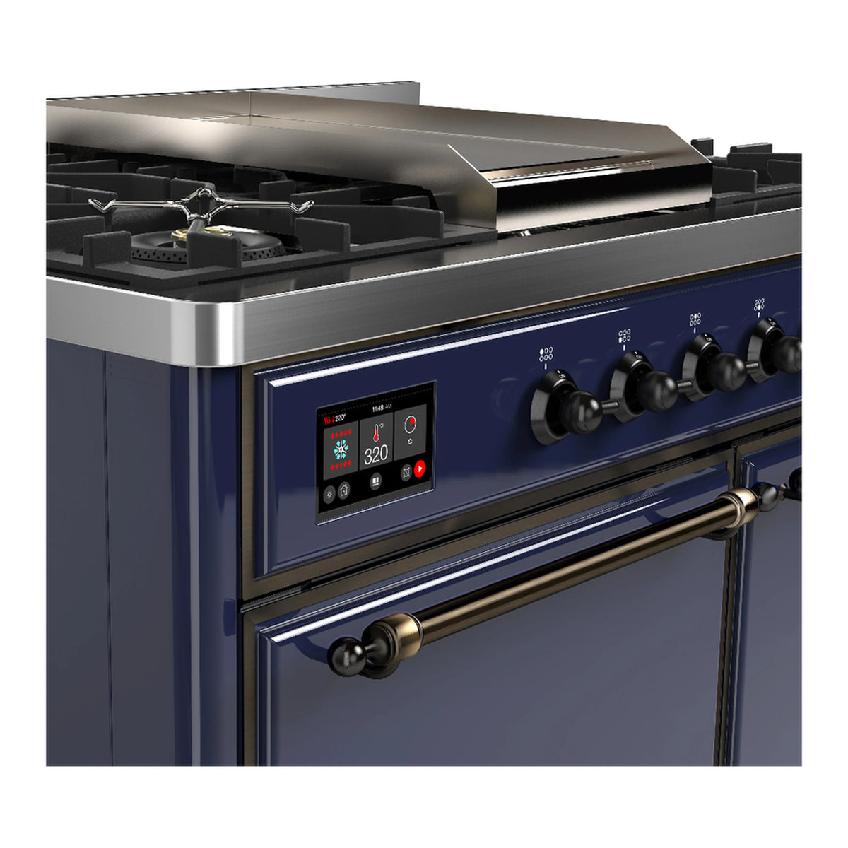 Midnight blue dual fuel range control panel with digital display and oven handle, griddle above