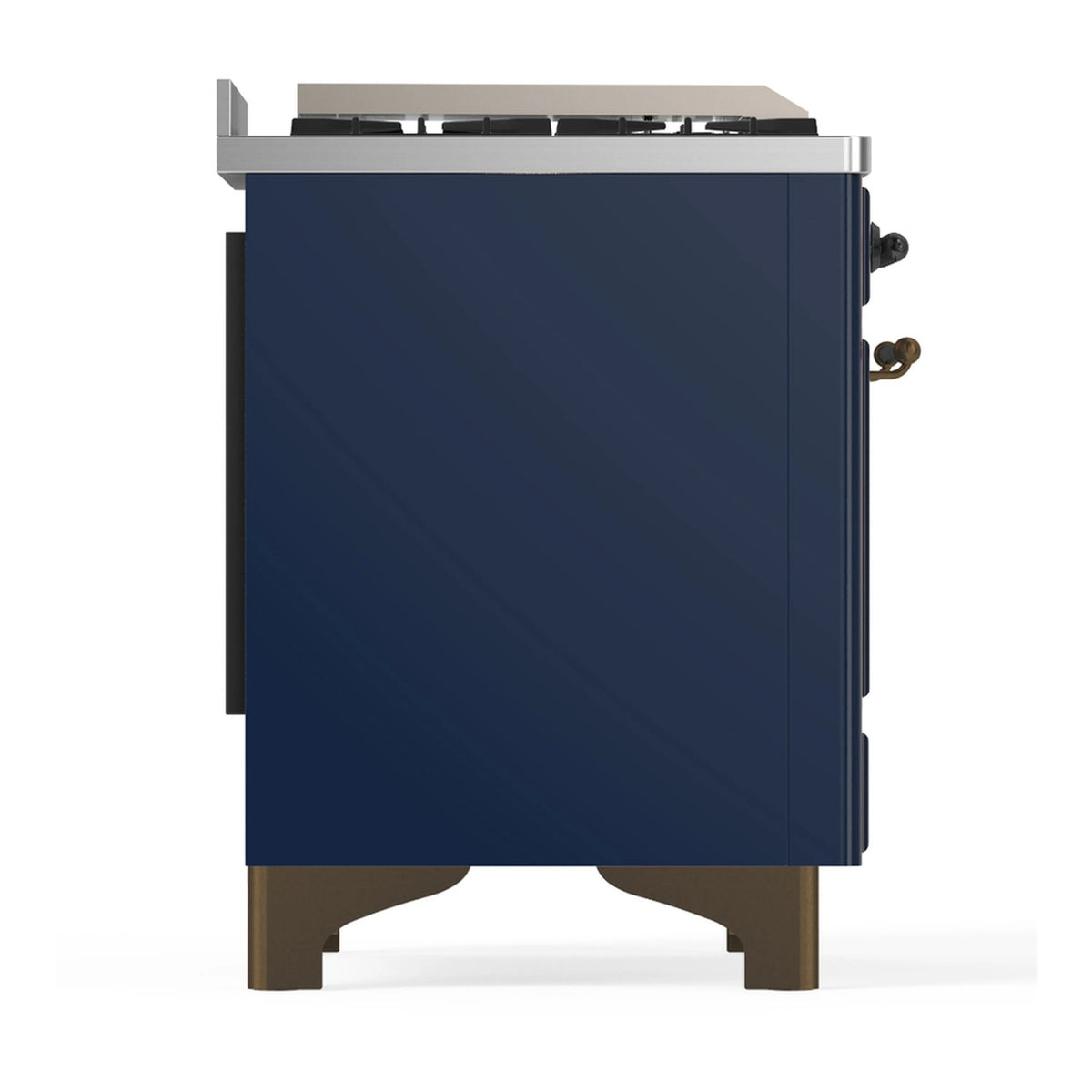 Midnight blue dual fuel range side panel with knobs and stainless backguard, solid-door body
