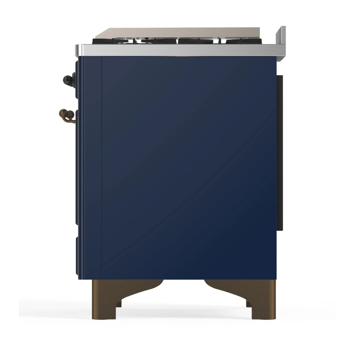 Midnight blue dual fuel range opposite side panel with side controls and stainless backguard