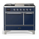 ILVE Majestic III 40-inch Dual Fuel Range with 6 Natural Gas Burner, Griddle and Solid Door Electric Oven in Midnight Blue with Chrome Trim (UMD40FQNR3MBC)