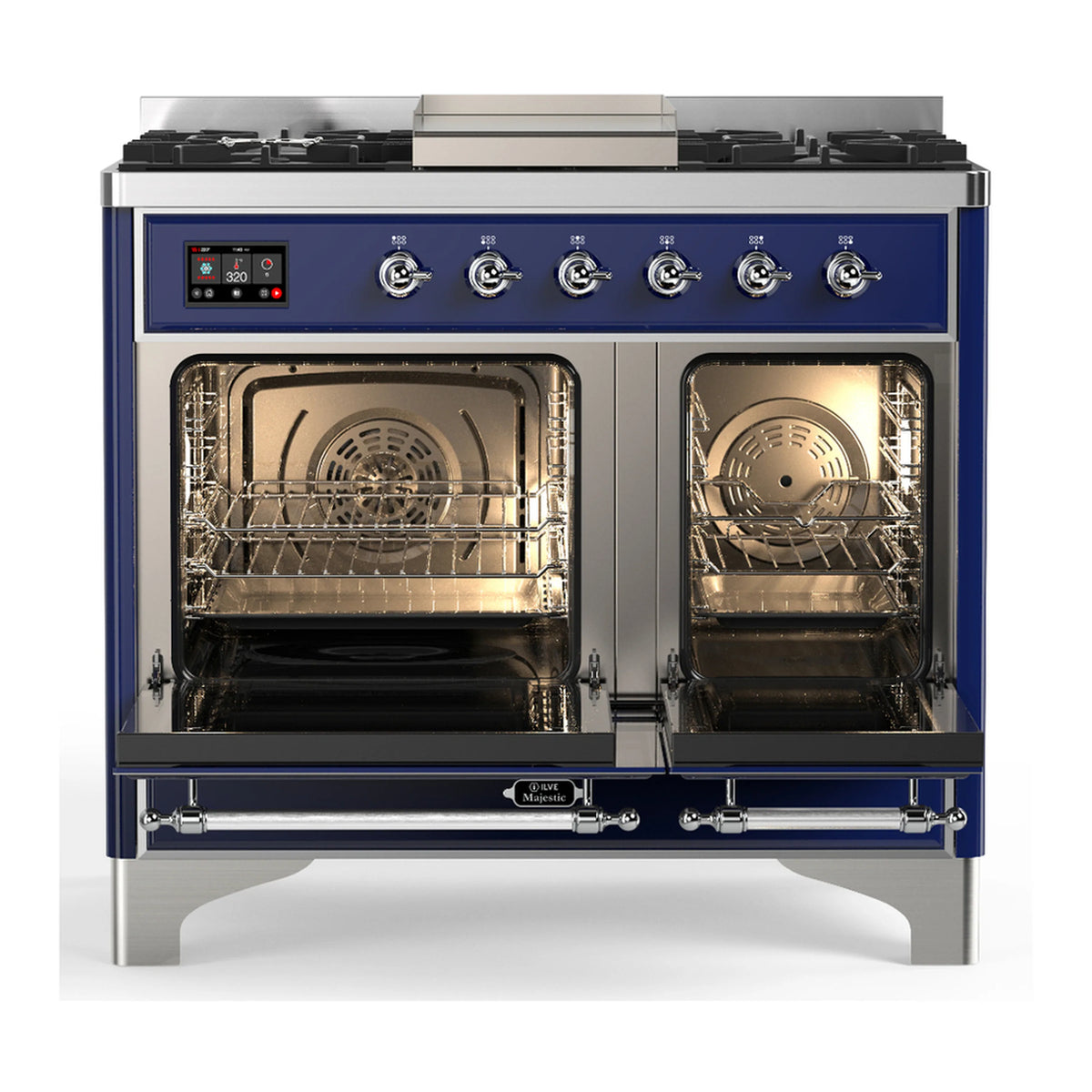 Midnight blue dual fuel range with open ovens showing racks and illuminated interior