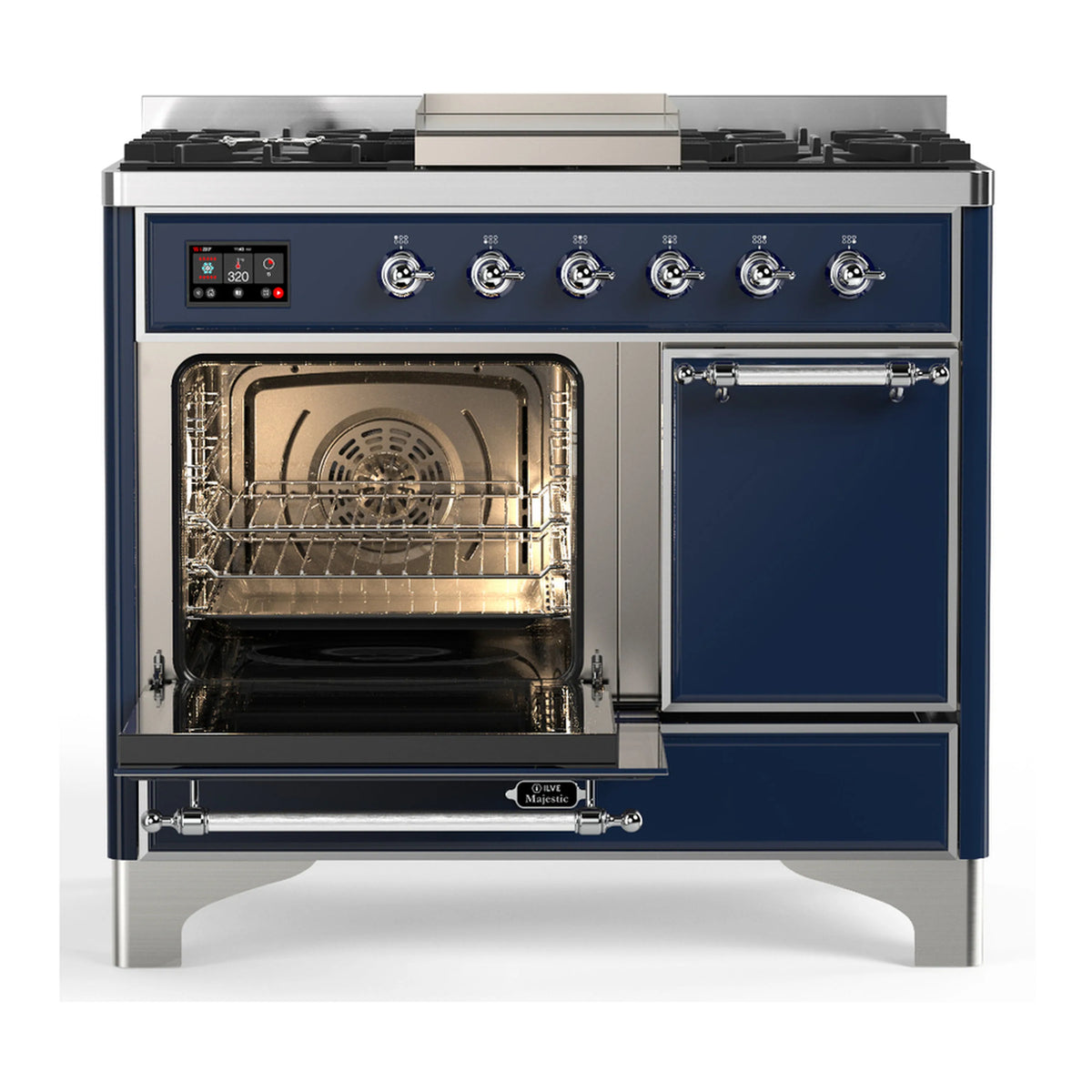 Midnight blue dual fuel range with open oven door and baking interior