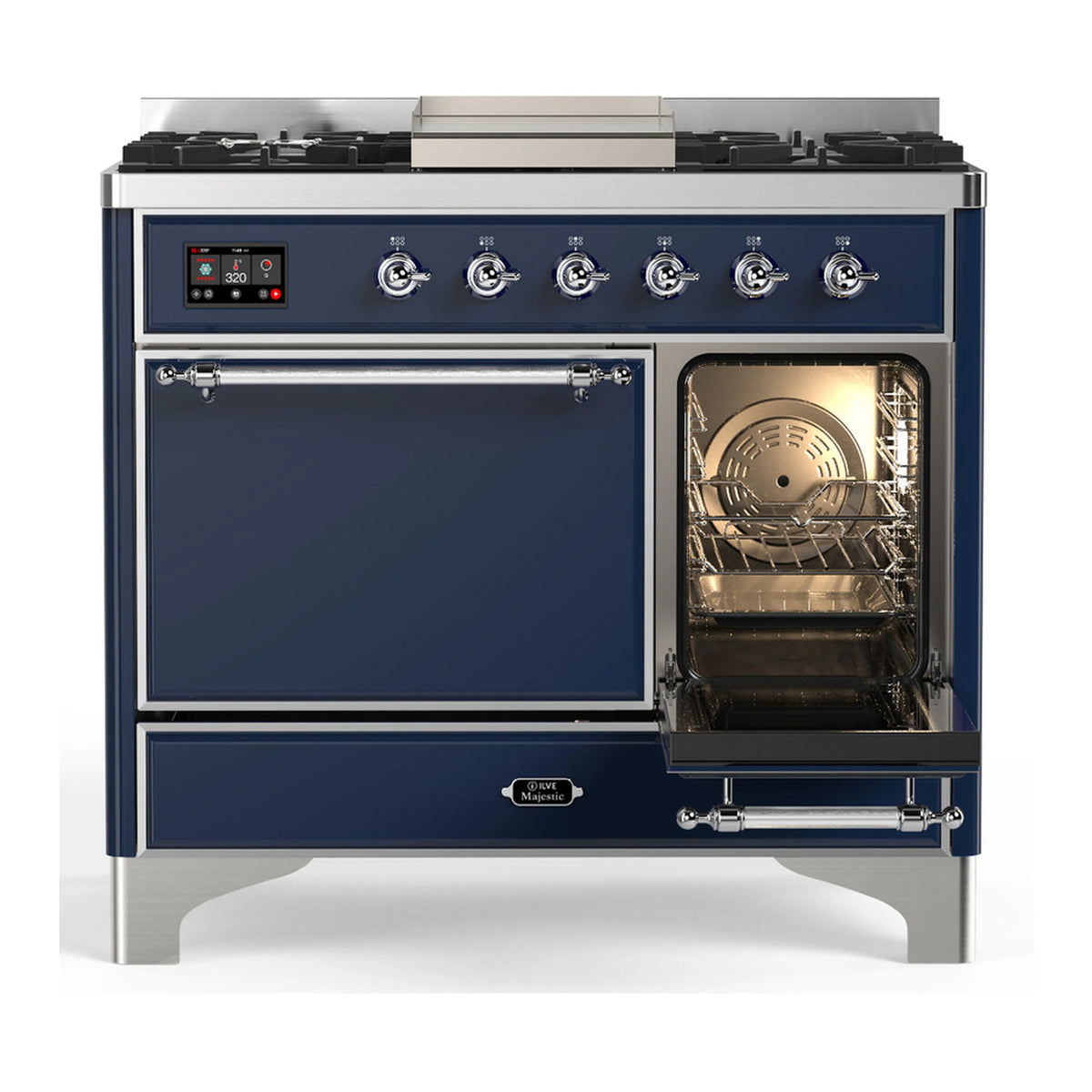 Midnight blue dual fuel range with open oven door and closed cabinet doors