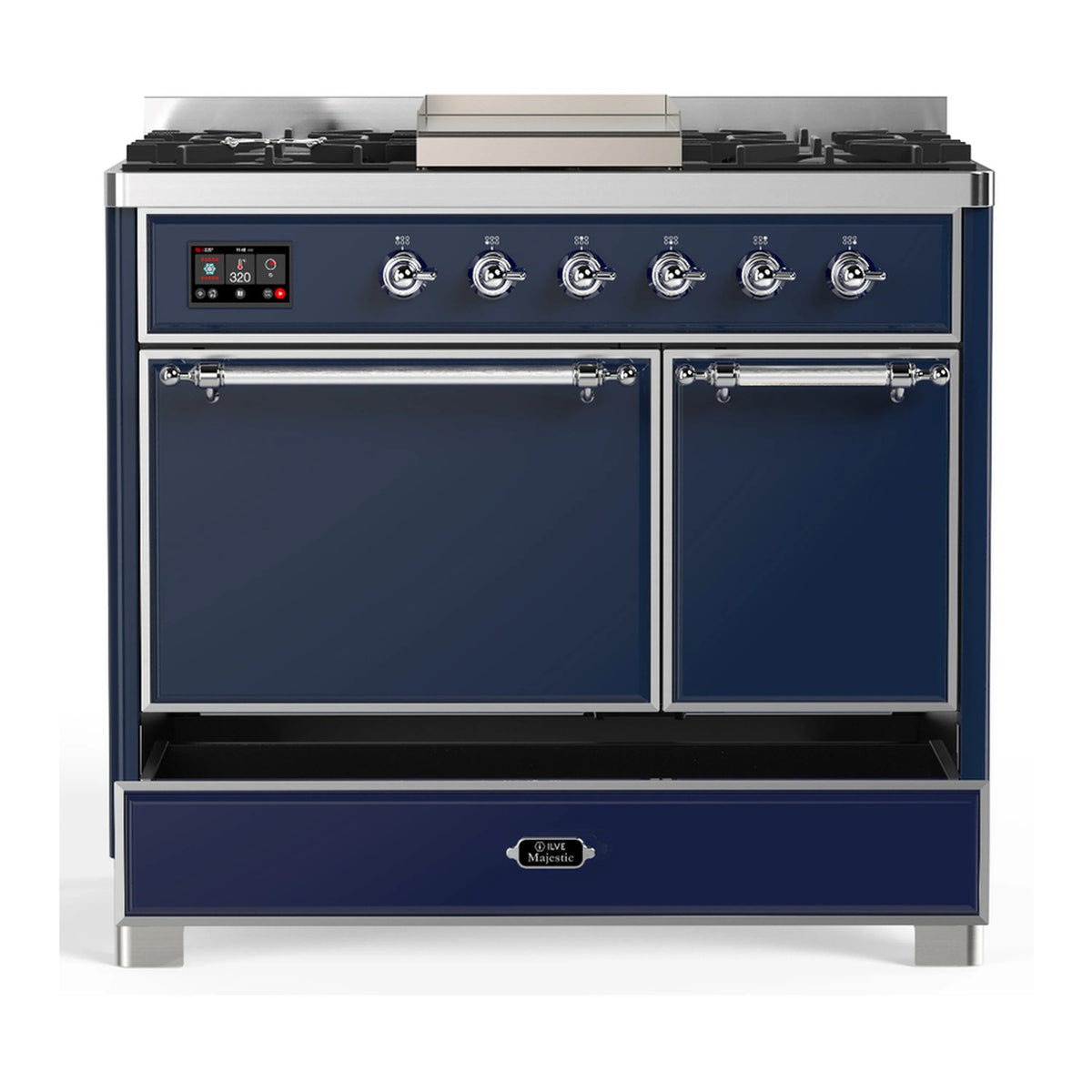 Midnight blue dual fuel range with chrome knobs and two solid doors