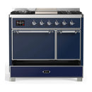 ILVE Majestic III 40-inch Dual Fuel Range with 5 Liquid Propane Burner, Griddle and Solid Door Electric Oven in Midnight Blue with Chrome Trim (UMD40FQNR3MBCLP)