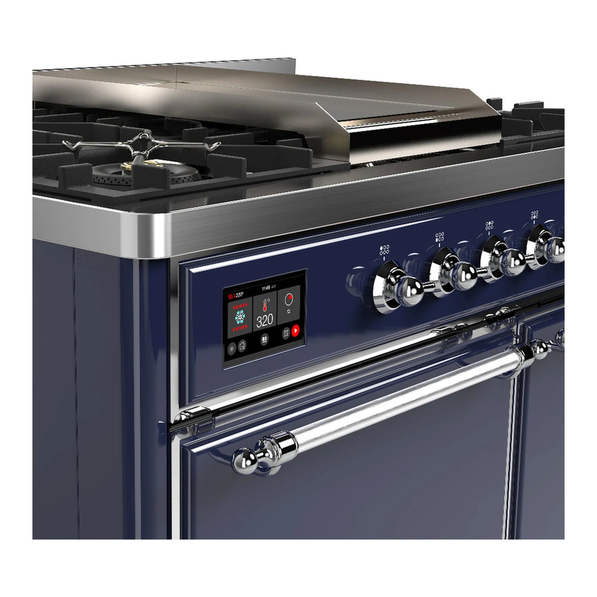 Close-up of midnight blue range control panel with chrome oven handle and knobs