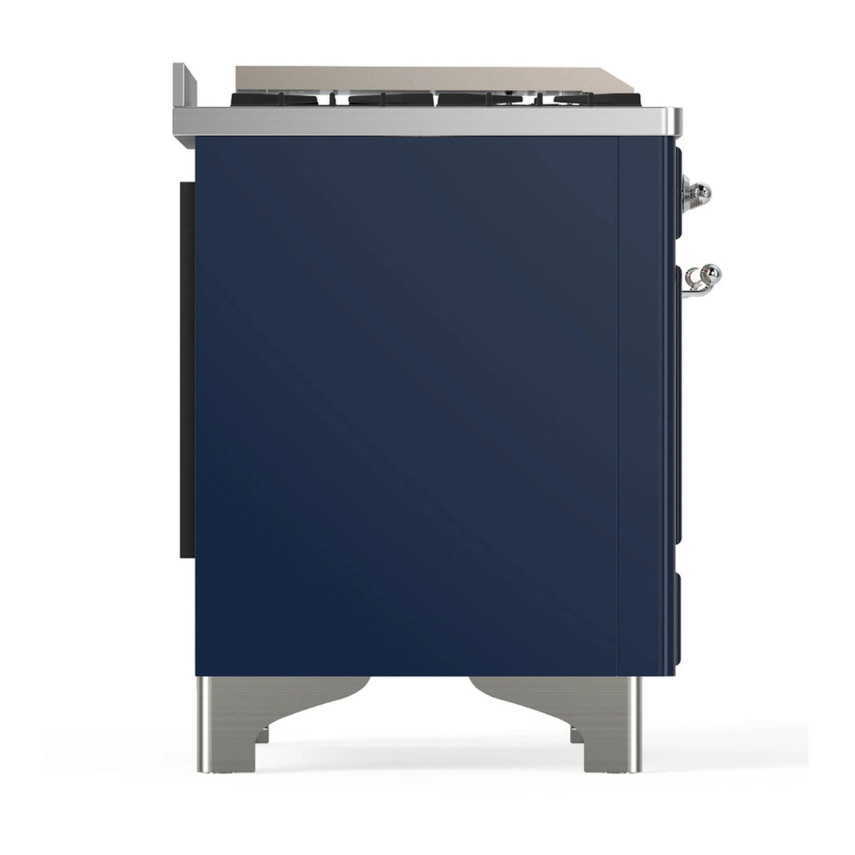 Midnight blue dual fuel range side panel with chrome trim and control-side detail