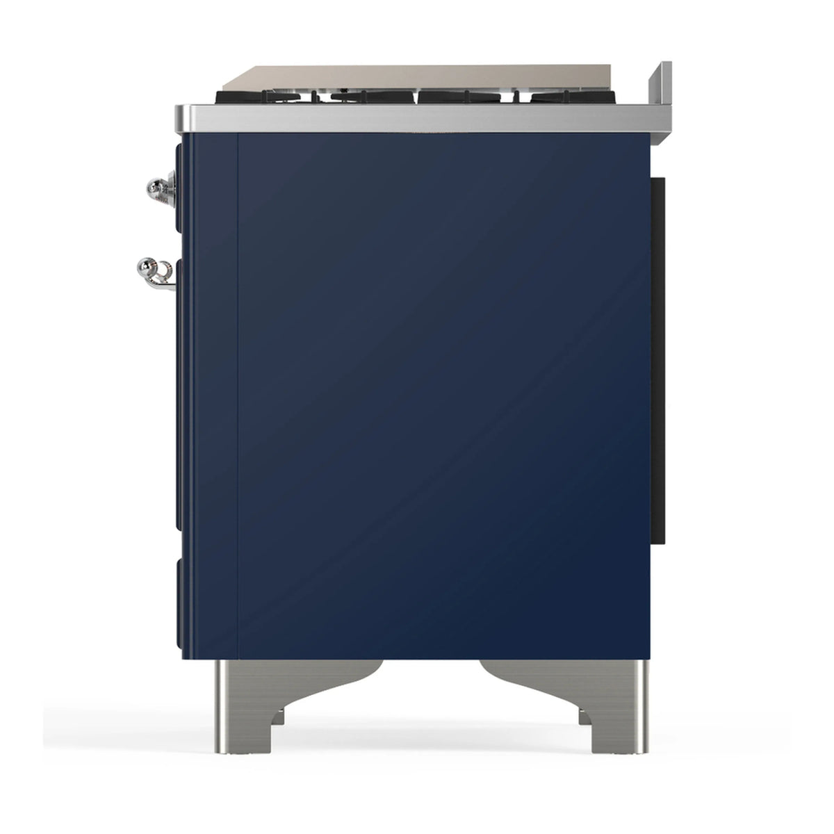 Midnight blue dual fuel range side view with chrome legs and rear fittings