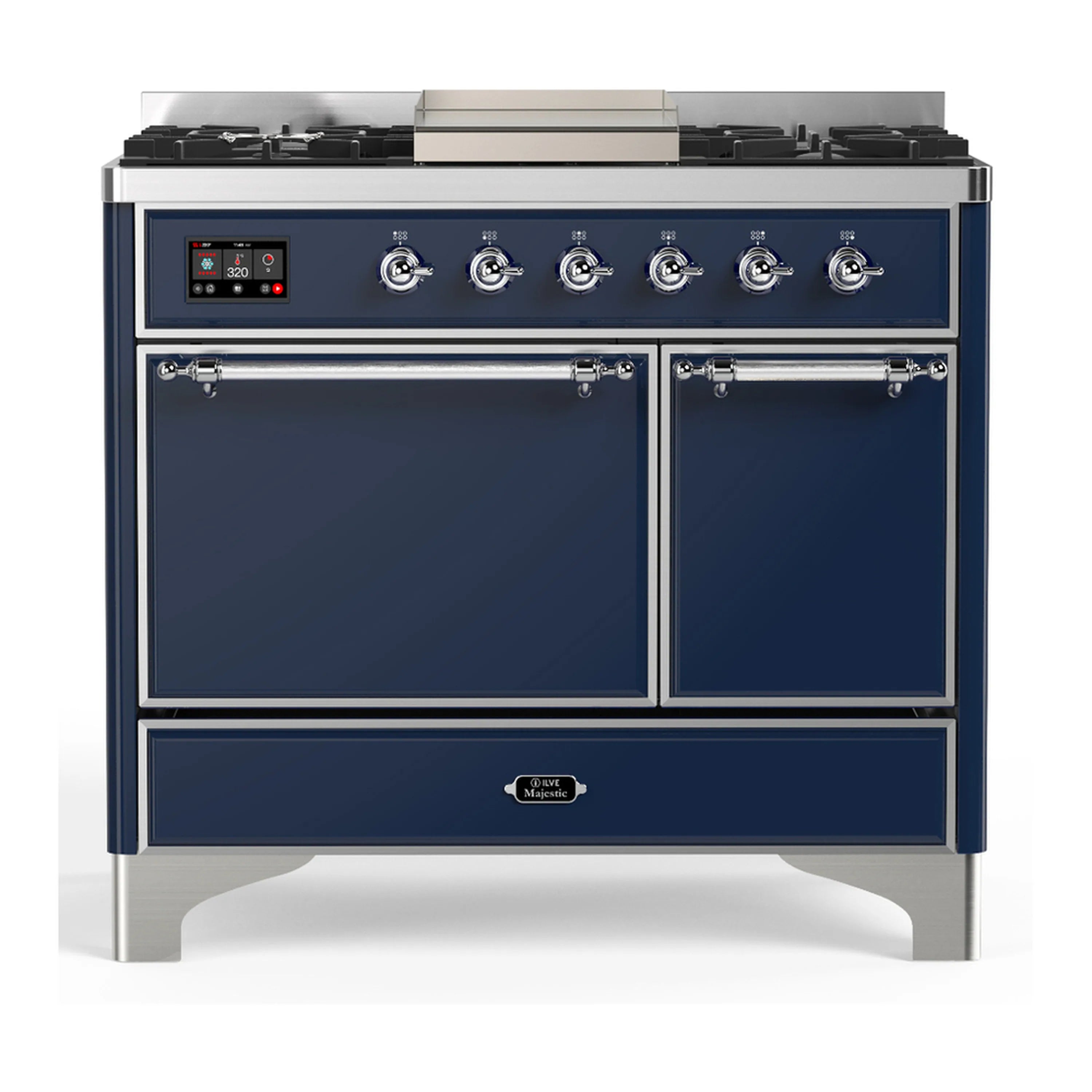 Midnight blue dual fuel range with two closed oven doors and chrome control knobs