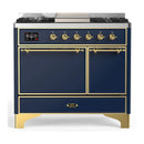 ILVE Majestic III 40-inch Dual Fuel Range with 5 Liquid Propane Burner, Griddle and Solid Door Electric Oven in Blue Grey with Brass Trim (UMD40FQNR3MBGLP)