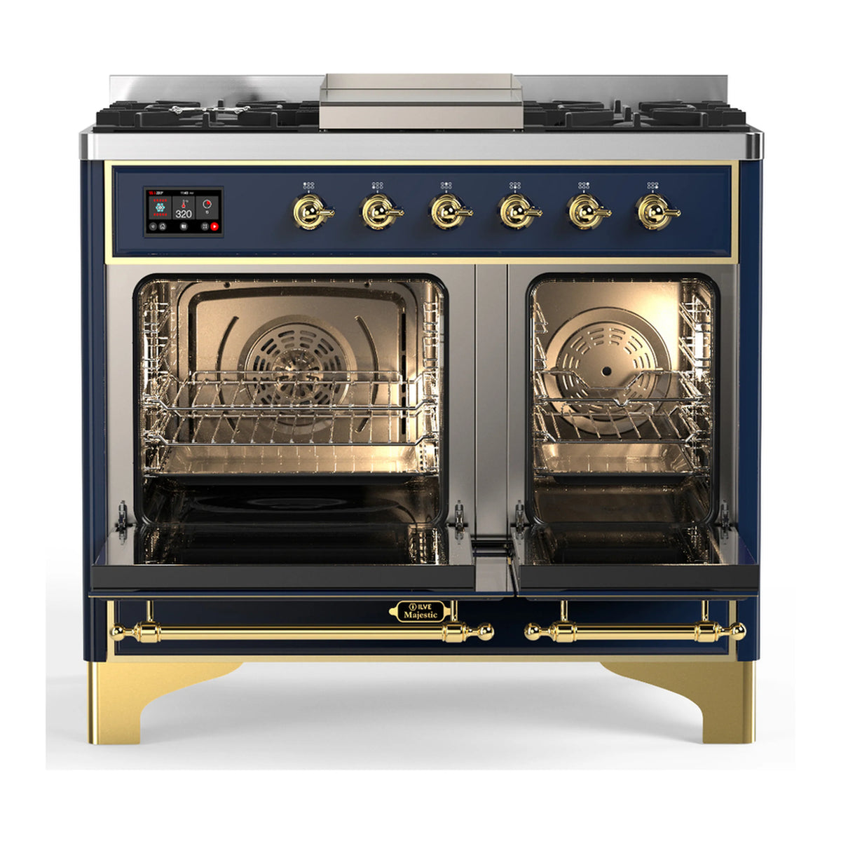 ILVE dual fuel range in blue grey with brass trim, both oven doors open to reveal racks