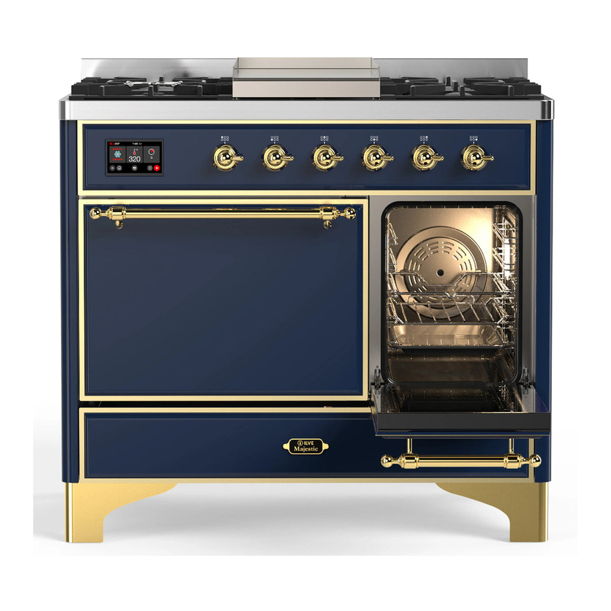 ILVE dual fuel range in blue grey with brass trim, right oven door open with lit oven interior