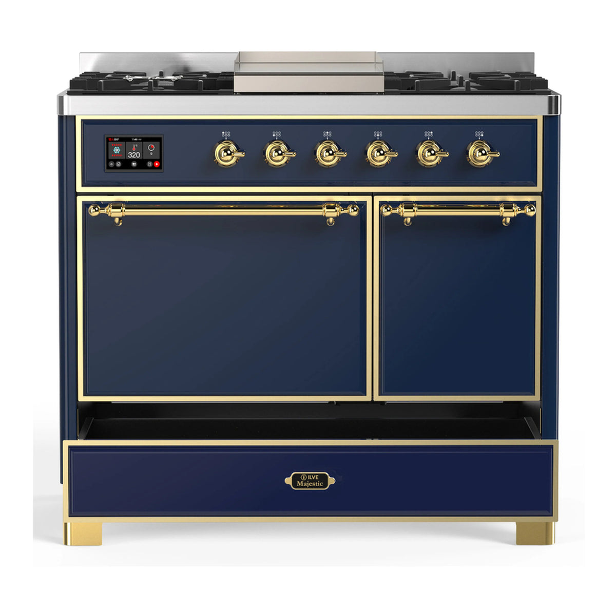 ILVE dual fuel range in blue grey with brass trim, oven doors closed and warming drawer