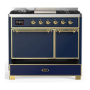 ILVE Majestic III 40-inch Dual Fuel Range with 5 Liquid Propane Burner, Griddle and Solid Door Electric Oven in Blue Grey with Brass Trim (UMD40FQNR3MBGLP)