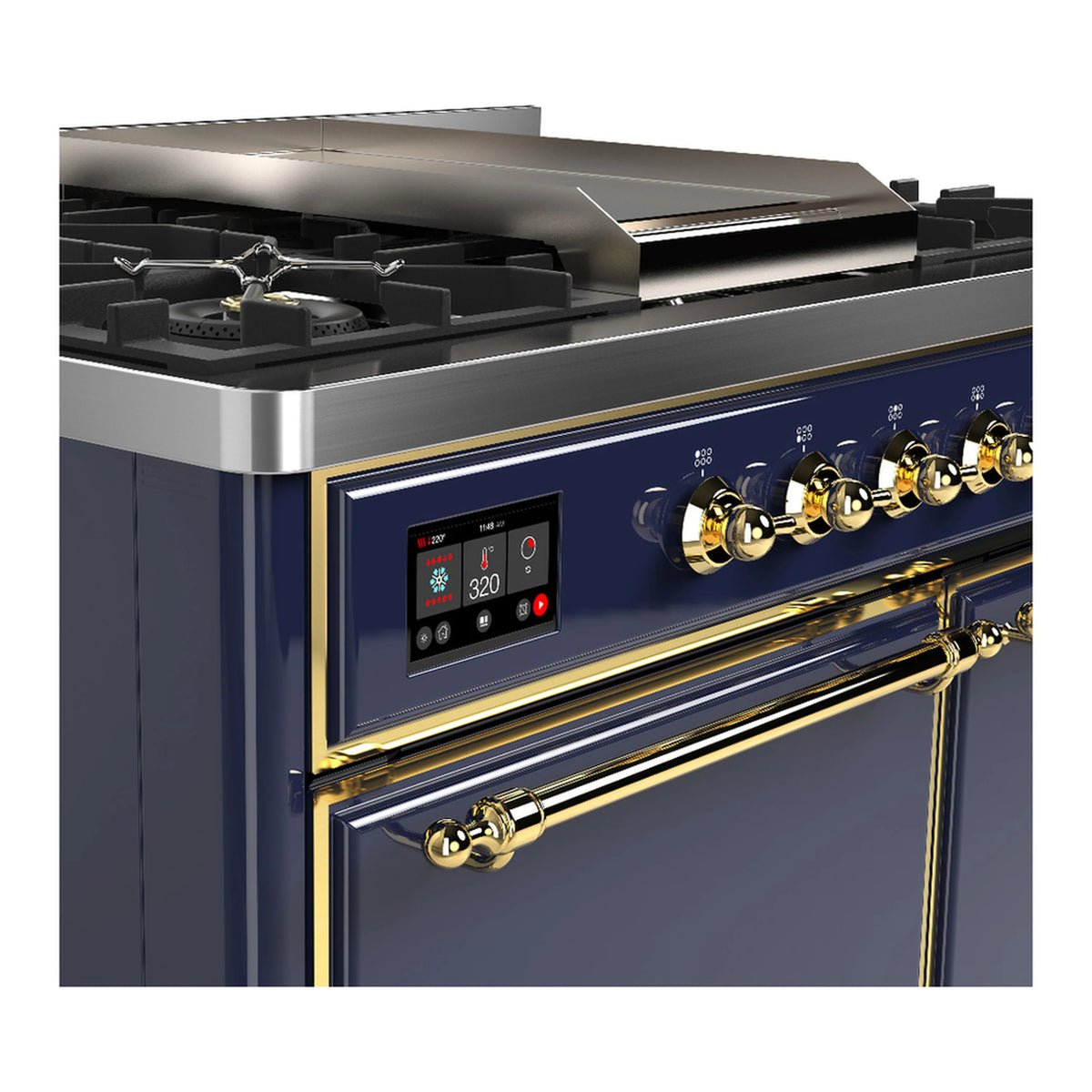 ILVE dual fuel range control panel with brass knobs and brass trim on blue grey front