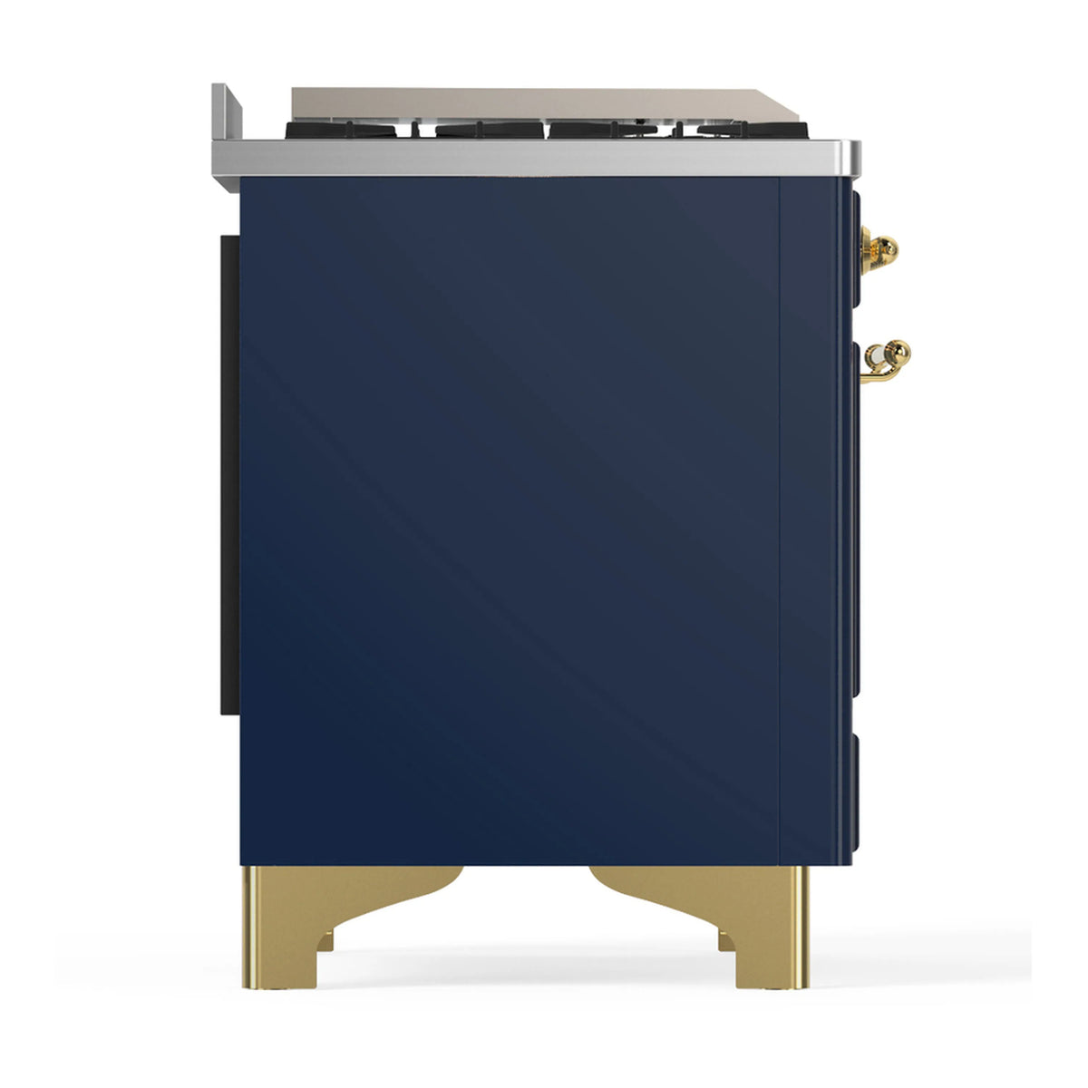 Blue grey ILVE dual fuel range side panel with brass feet and stainless trim