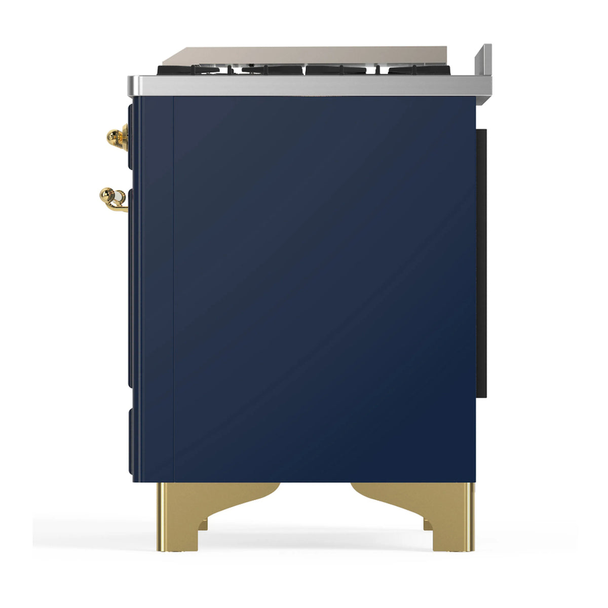 Blue grey ILVE dual fuel range rear side view with brass trim legs and corner edges