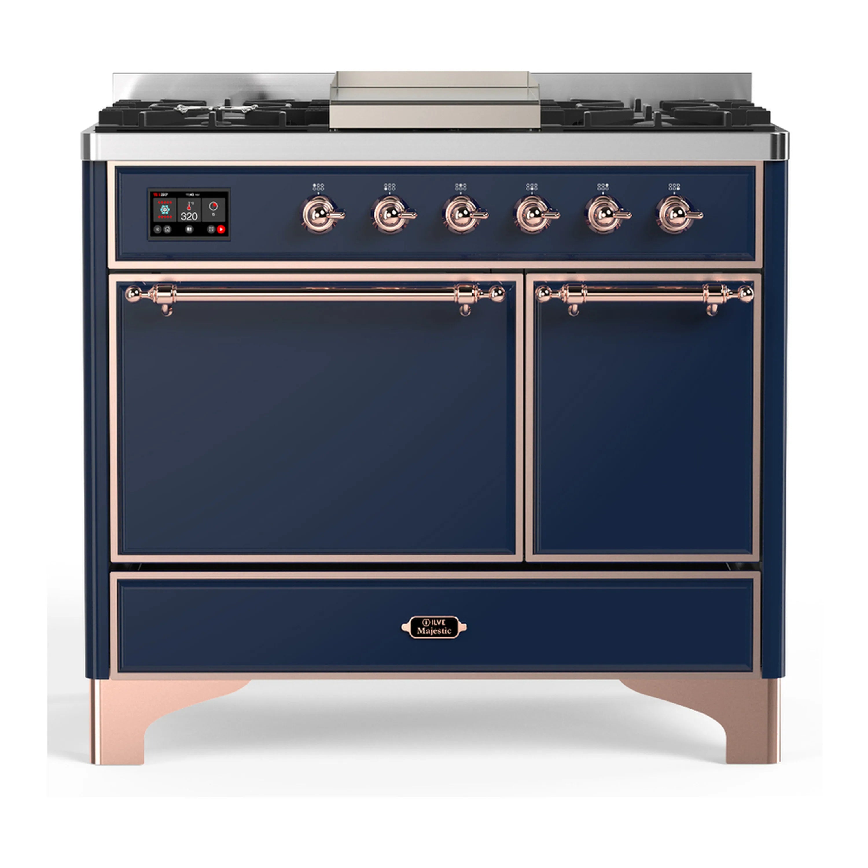 Midnight blue dual fuel range front view with burners, griddle, and two oven doors