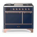 ILVE Majestic III 40-inch Dual Fuel Range with 6 Natural Gas Burner, Griddle and Solid Door Electric Oven in Midnight Blue with Copper Trim (UMD40FQNR3MBP)
