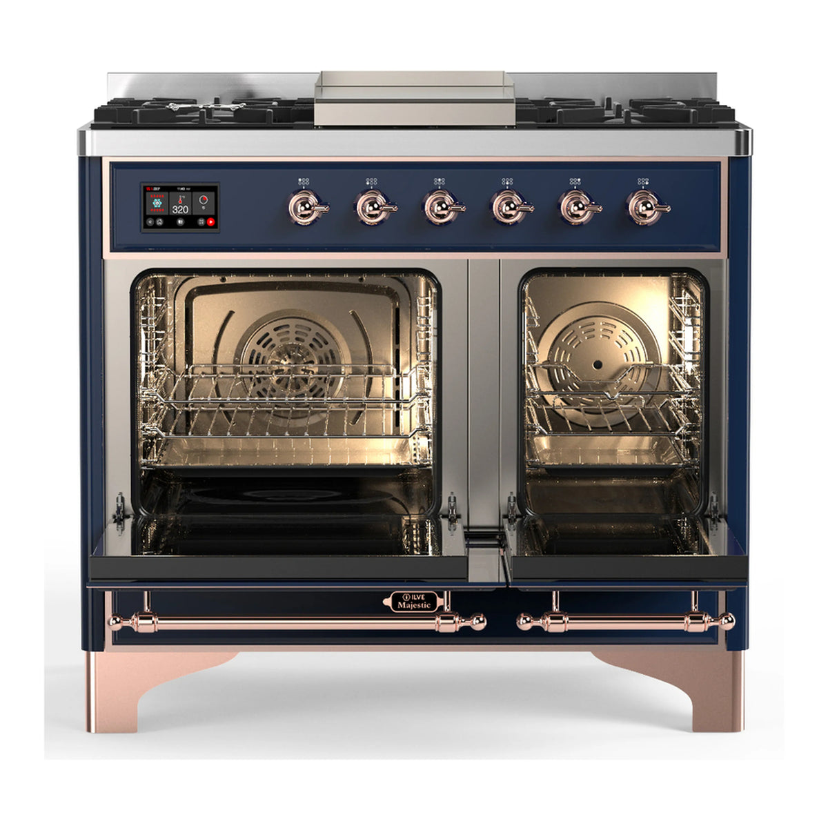 Midnight blue dual fuel range with both ovens open, showing racks and oven interiors